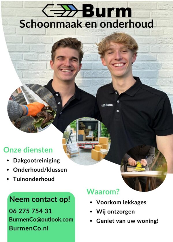 Flyer van Burm & Co voor particulieren met dakgootreiniging, klussen en tuinonderhoud