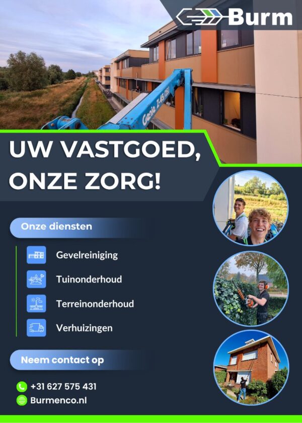 Zakelijke flyer van Burm & Co met de slogan Uw vastgoed, onze zorg
