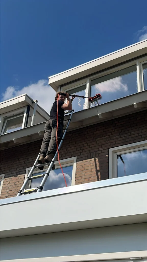 Quinten van Burm & Co wast het raam van een dakkapel vanaf de ladder