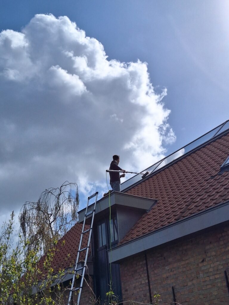 Zonnepanelen reinigen vanaf een ladder met een telescoopborstel